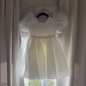 Elegant toddler White Puff Sleeve Dress and flower girl basket